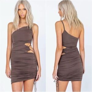 Princess Polly Dress Klara Mini One Shoulder Cut Out Ruched Brown 8 NWT New